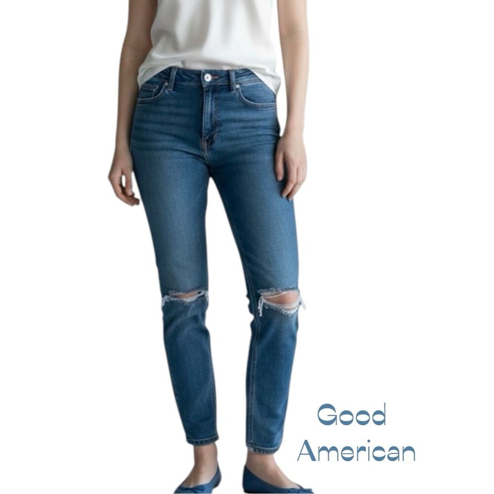 Good American Light Wash Factory Distressed Cropped Blue Jeans Size 32